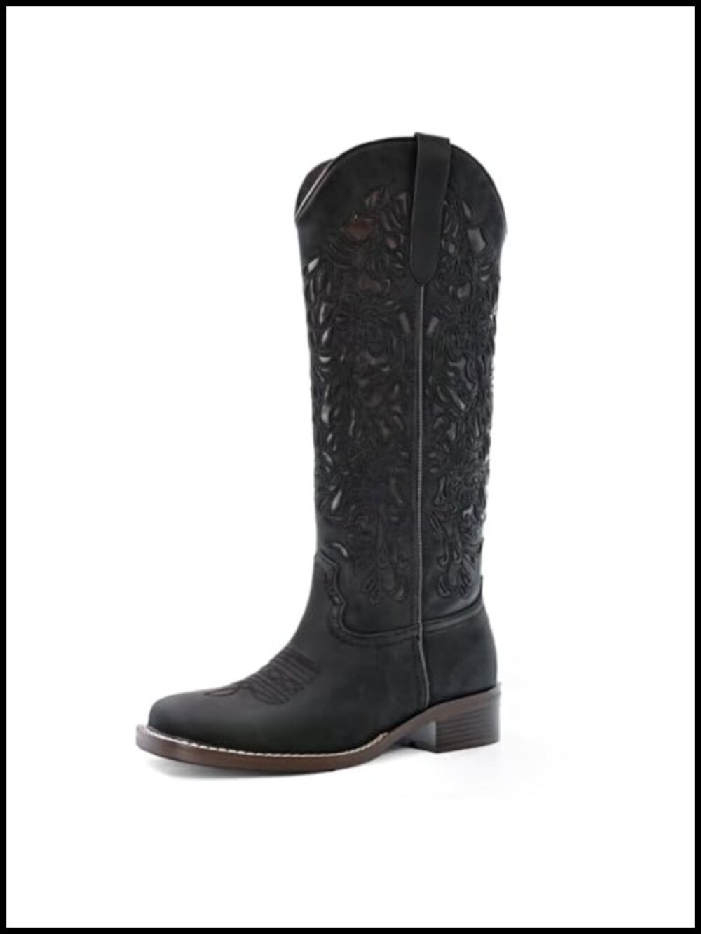 Knee-High Cowboy Boots Floral Embroidered Square Toe Low Heel Pull On